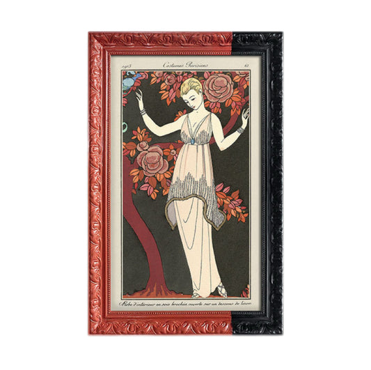 Vintage Parisian Fashion Illustration FRAMED | Art Deco Canvas Print | Black & Red Frame Wall Art | Vintage Design Décor | Living Room & Study Art